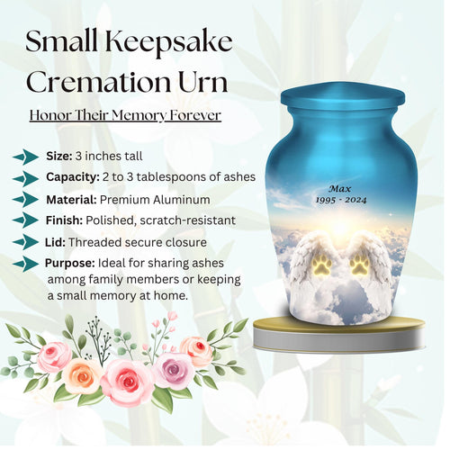 angel wings paw prints cremation urn for pet ashes, handmade aluminum memorial urn – photo 2
