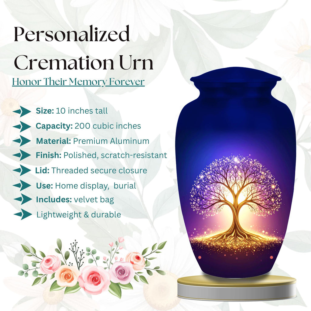glowing golden tree of life cremation urn for human ashes, handmade aluminum memorial urn – photo 3