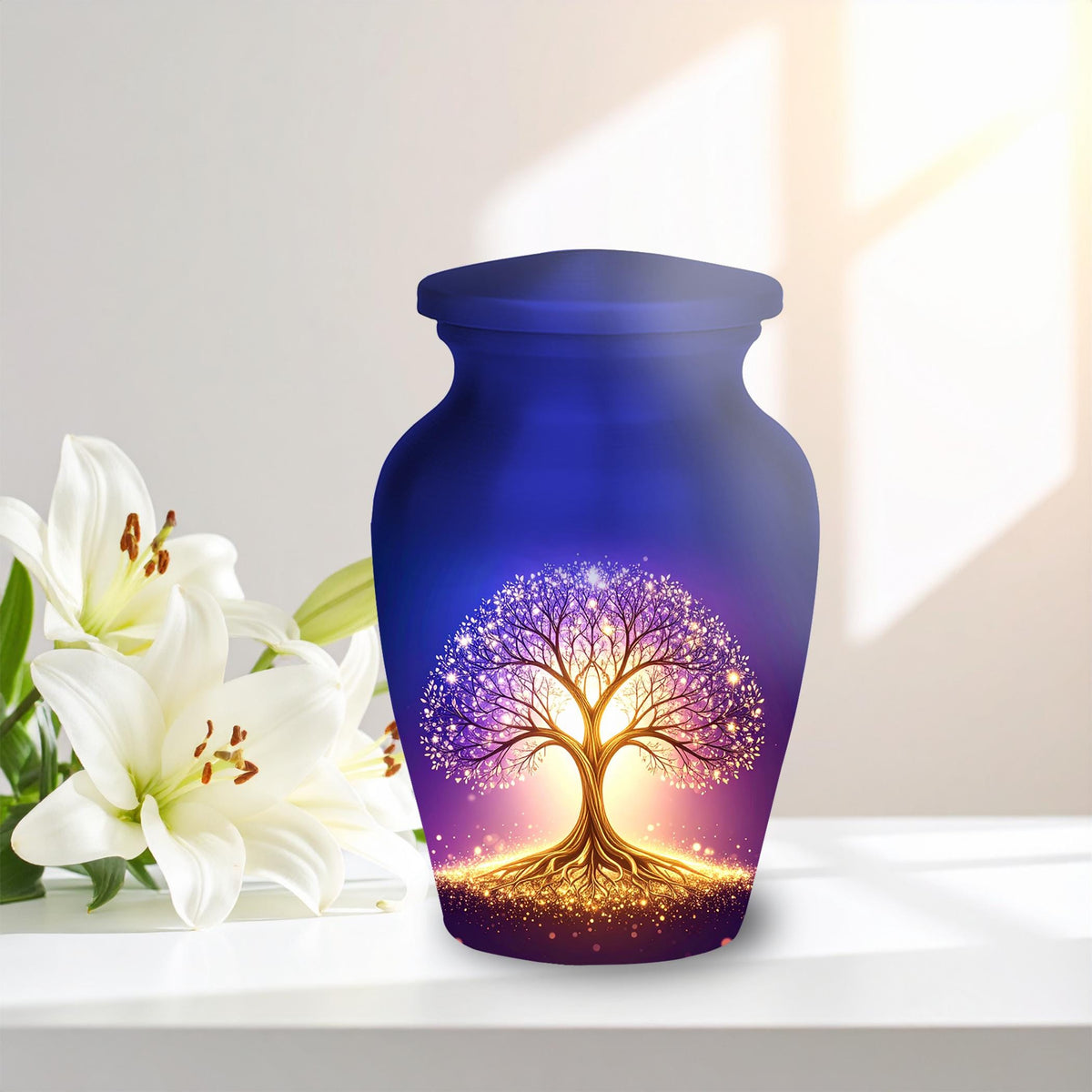 glowing golden tree of life cremation urn for human ashes, handmade aluminum memorial urn – photo 8