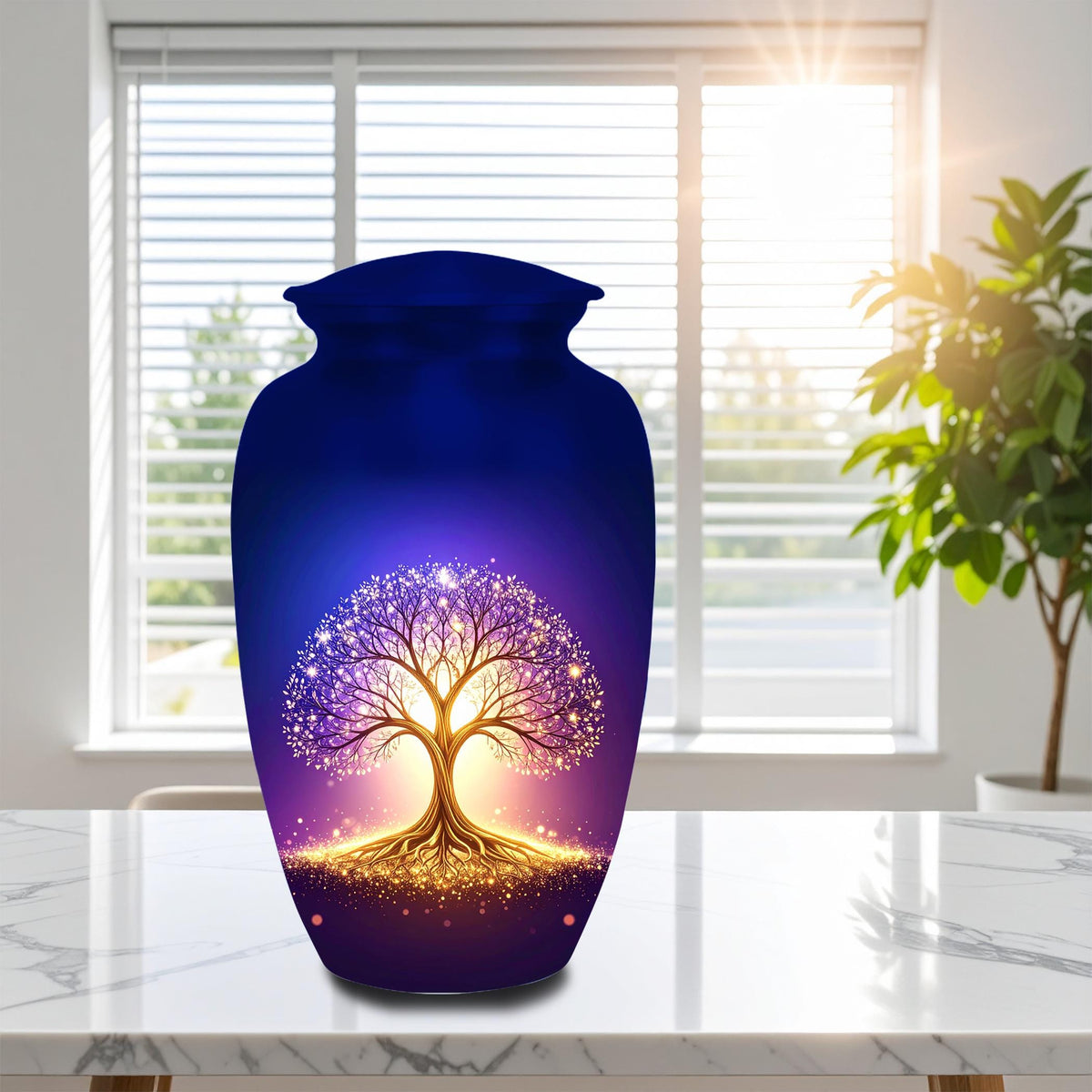 glowing golden tree of life cremation urn for human ashes, handmade aluminum memorial urn – photo 4