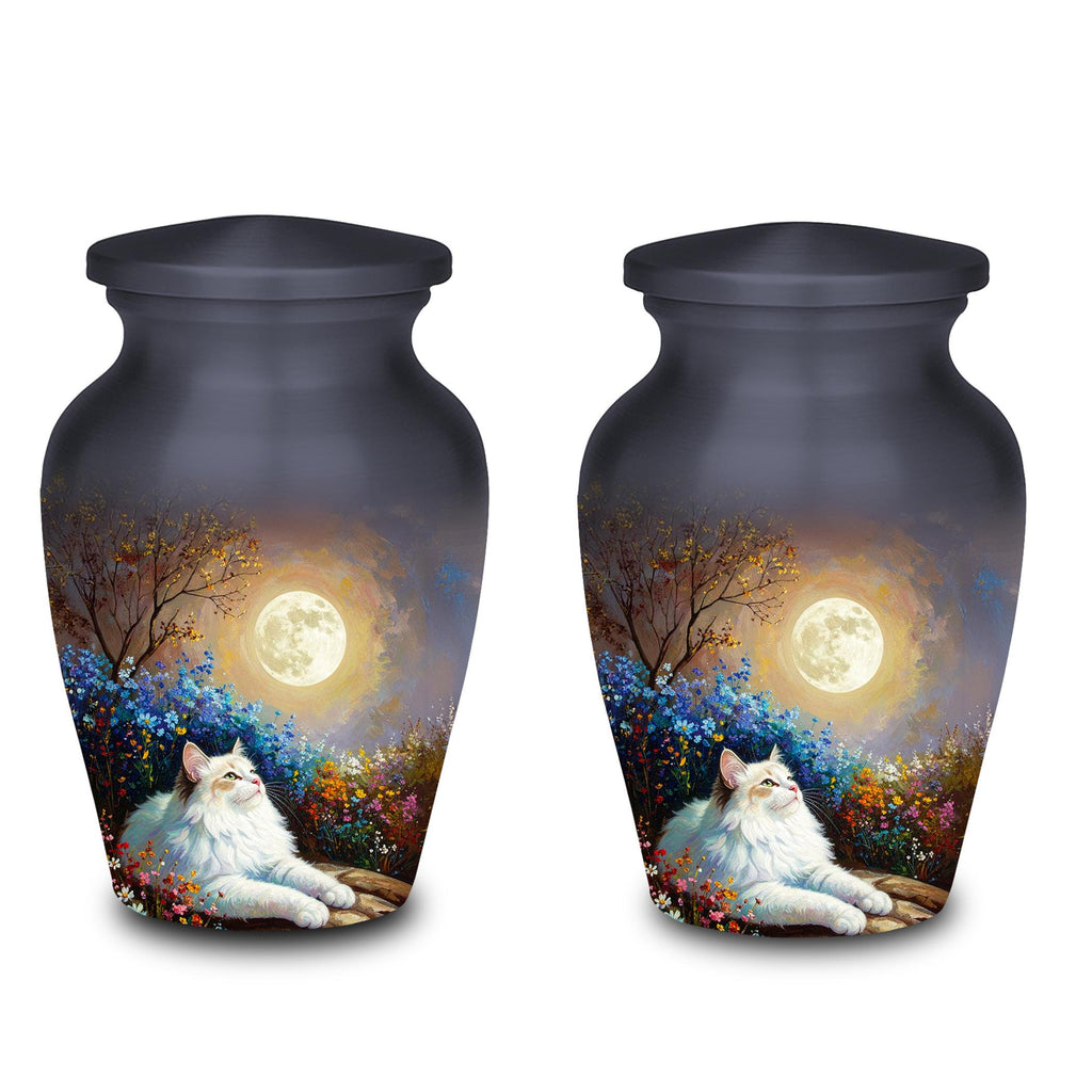 white cat moon floral cremation urn for pet ashes, handmade aluminum memorial urn – photo 7
