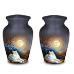 white cat moon floral cremation urn for pet ashes, handmade aluminum memorial urn – photo 7