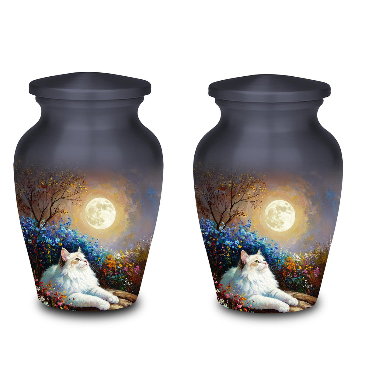 white cat moon floral cremation urn for pet ashes, handmade aluminum memorial urn – photo 7