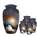 white cat moon floral cremation urn for pet ashes, handmade aluminum memorial urn – photo 6