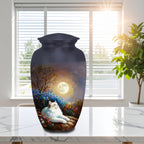 white cat moon floral cremation urn for pet ashes, handmade aluminum memorial urn – photo 3