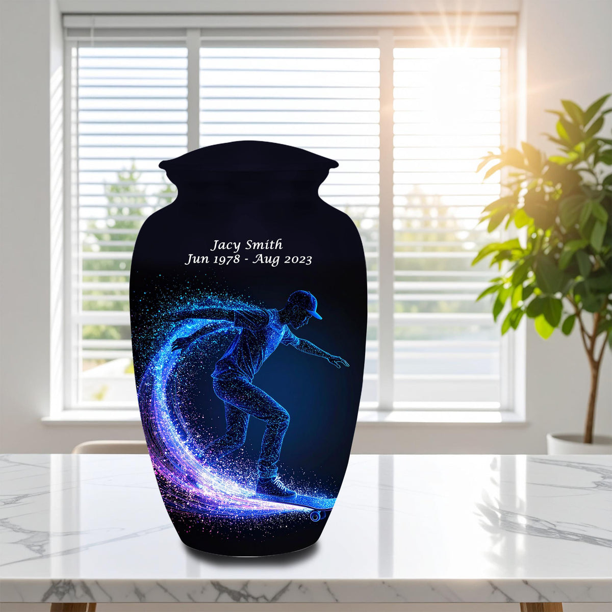 blue neon skateboard cremation urn for human ashes, handmade aluminum memorial urn – photo 1