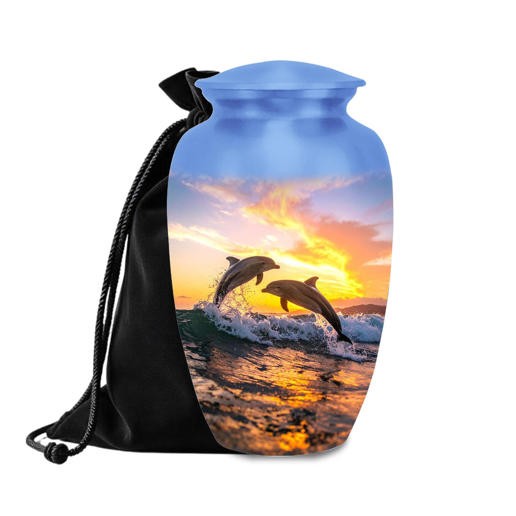 dolphin ocean sunset cremation urn for human ashes, handmade aluminum memorial urn – photo 3