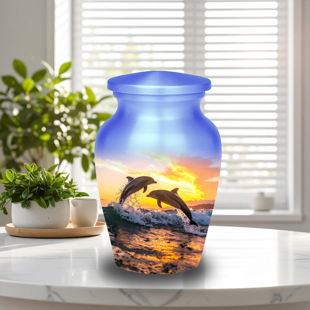 dolphin ocean sunset cremation urn for human ashes, handmade aluminum memorial urn – photo 8