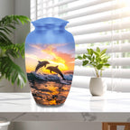 dolphin ocean sunset cremation urn for human ashes, handmade aluminum memorial urn – photo 5