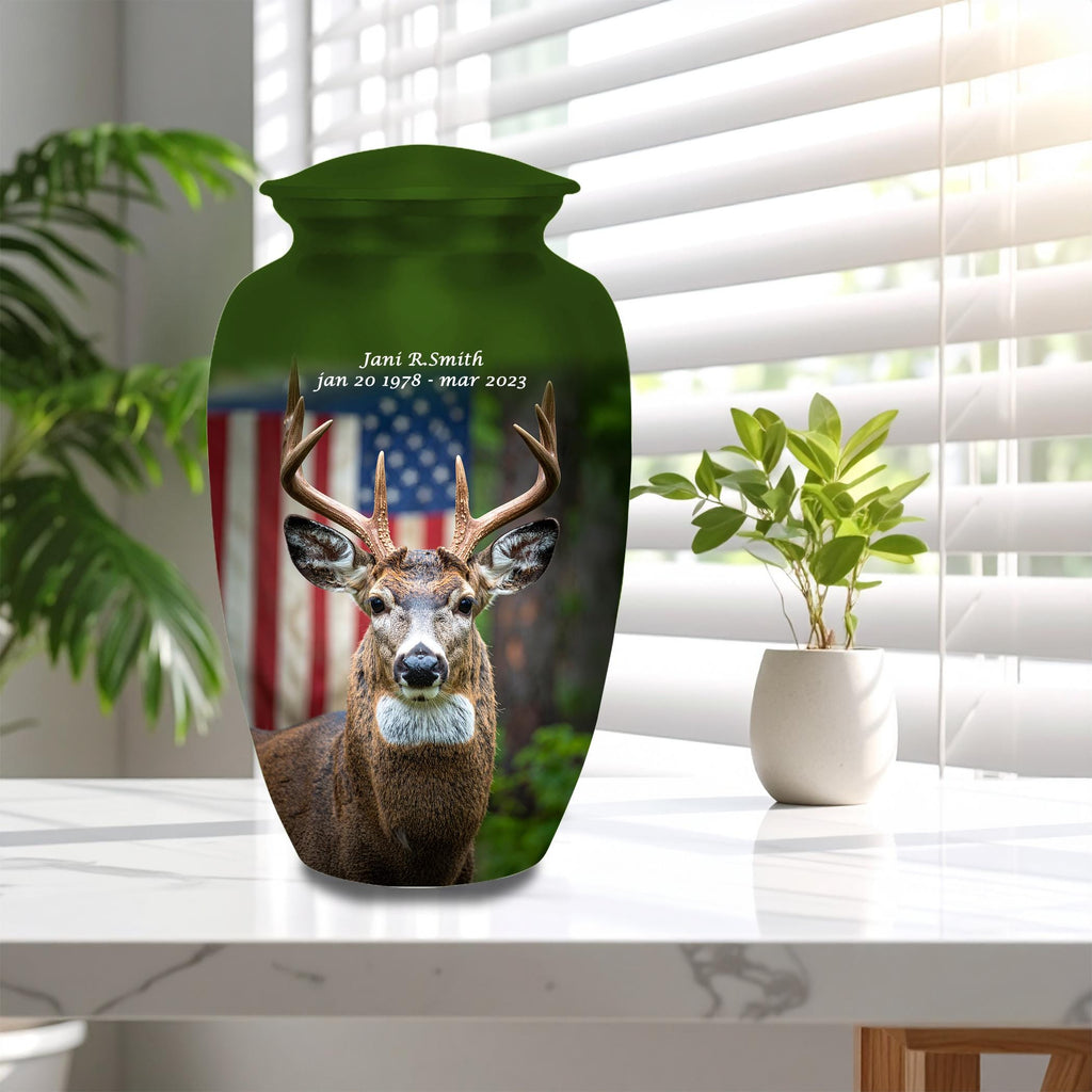 deer hunter american flag cremation urn for human ashes, handmade aluminum memorial urn – photo 4