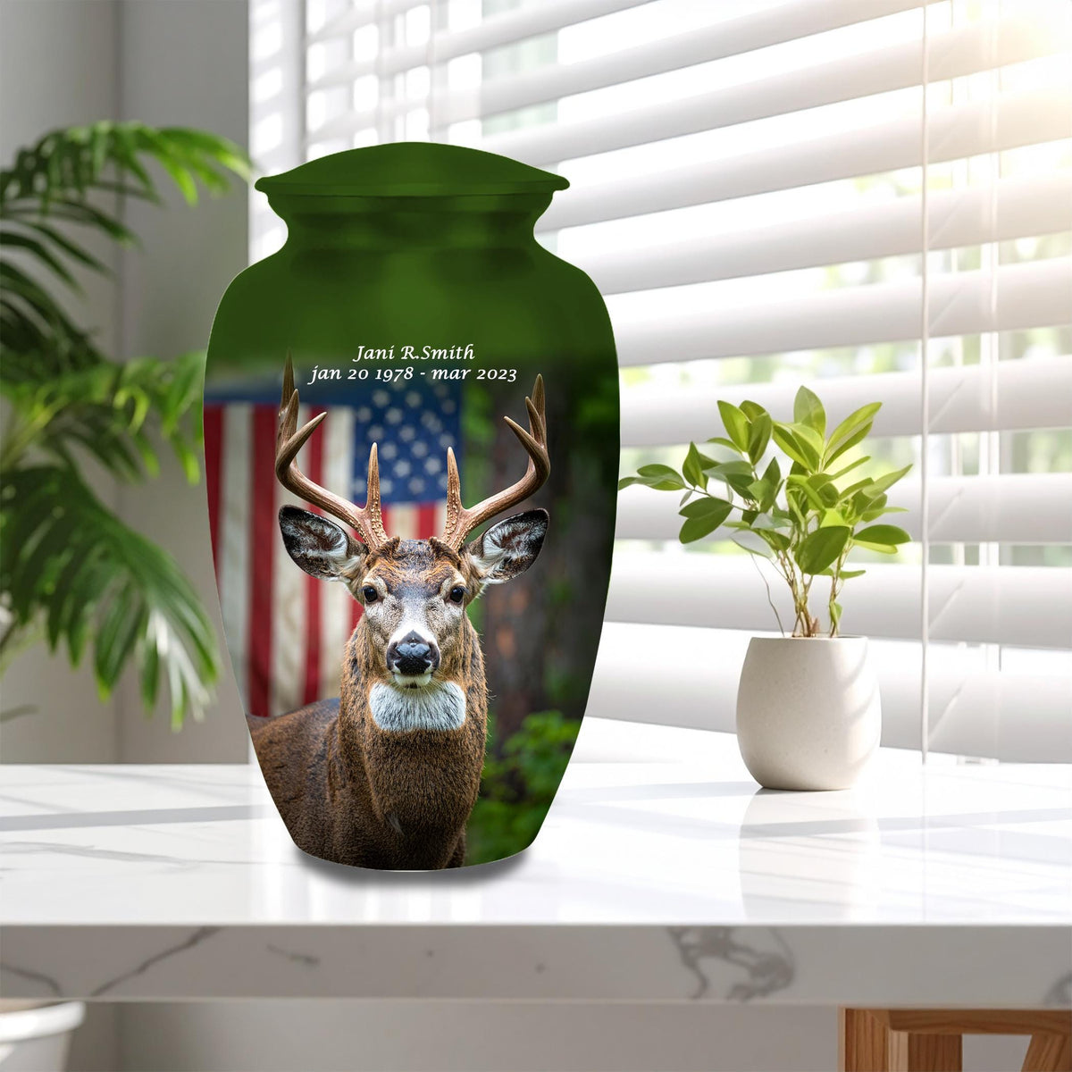 deer hunter american flag cremation urn for human ashes, handmade aluminum memorial urn – photo 4