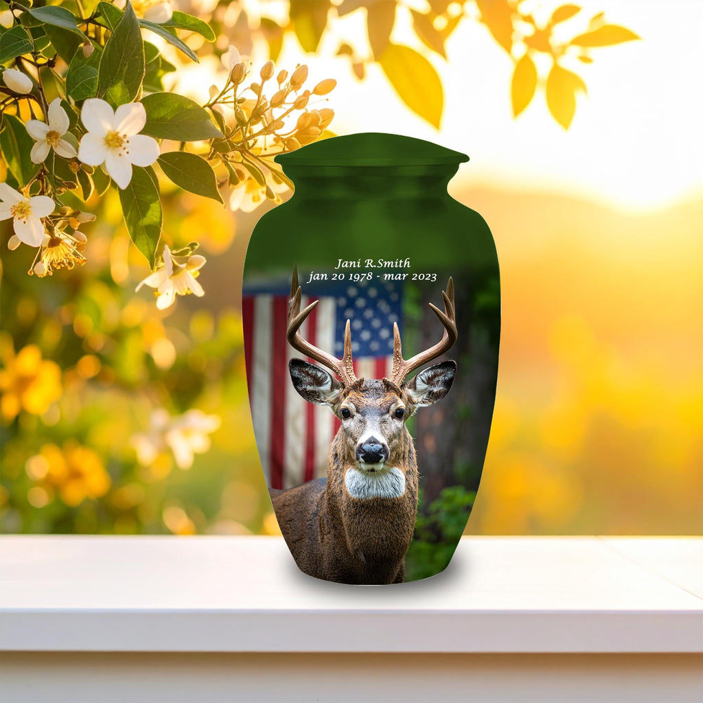 deer hunter american flag cremation urn for human ashes, handmade aluminum memorial urn – photo 5