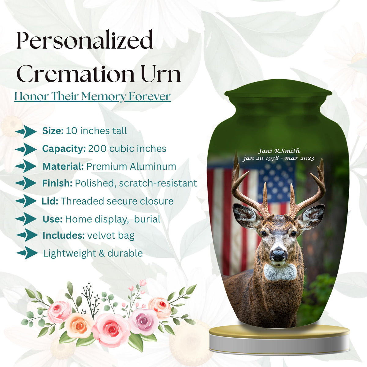 deer hunter american flag cremation urn for human ashes, handmade aluminum memorial urn – photo 2