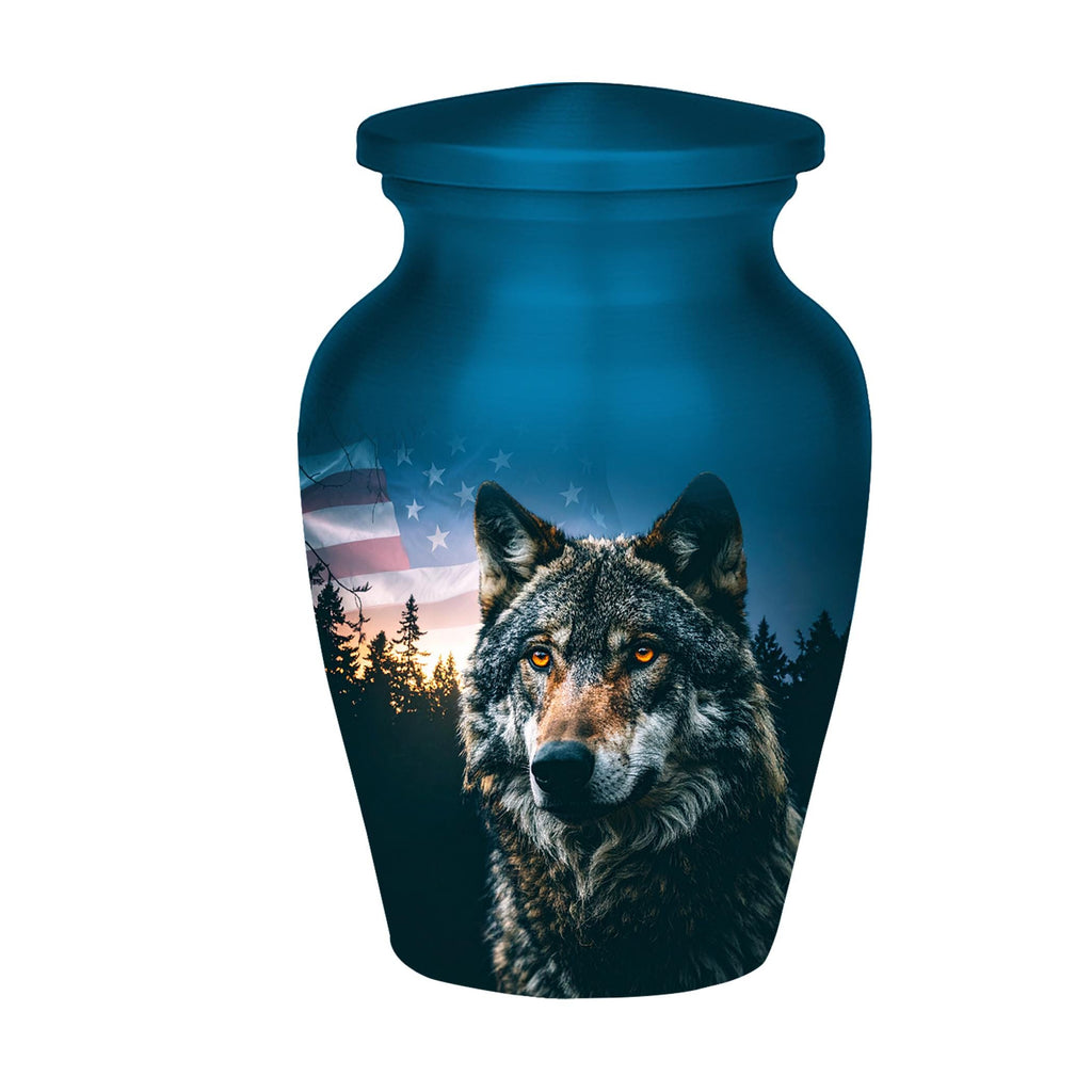wolf american flag cremation urn for human ashes, handmade aluminum memorial urn – photo 6