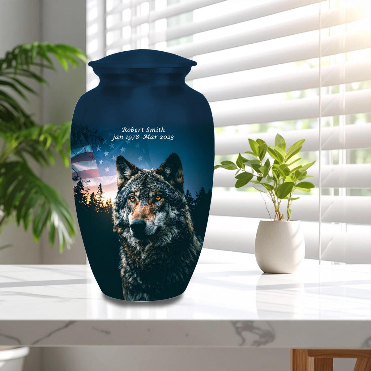 wolf american flag cremation urn for human ashes, handmade aluminum memorial urn – photo 10