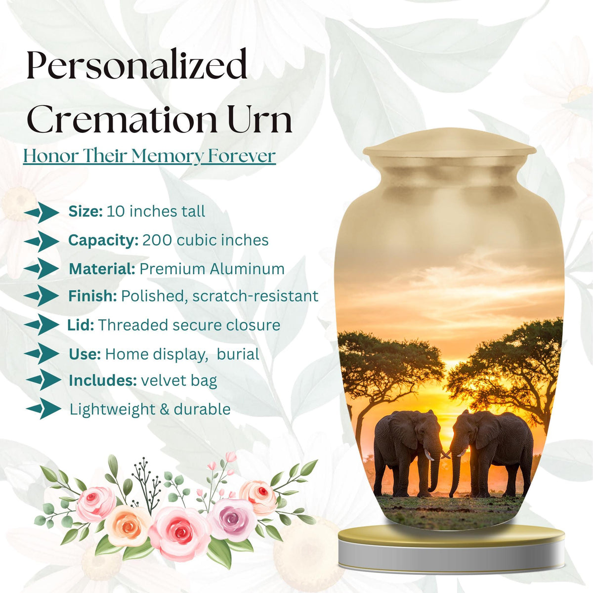 elephant safari sunset cremation urn for human ashes, handmade aluminum memorial urn – photo 2