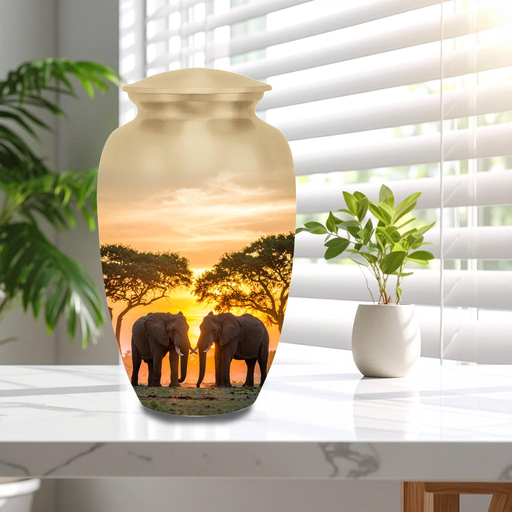 elephant safari sunset cremation urn for human ashes, handmade aluminum memorial urn – photo 10