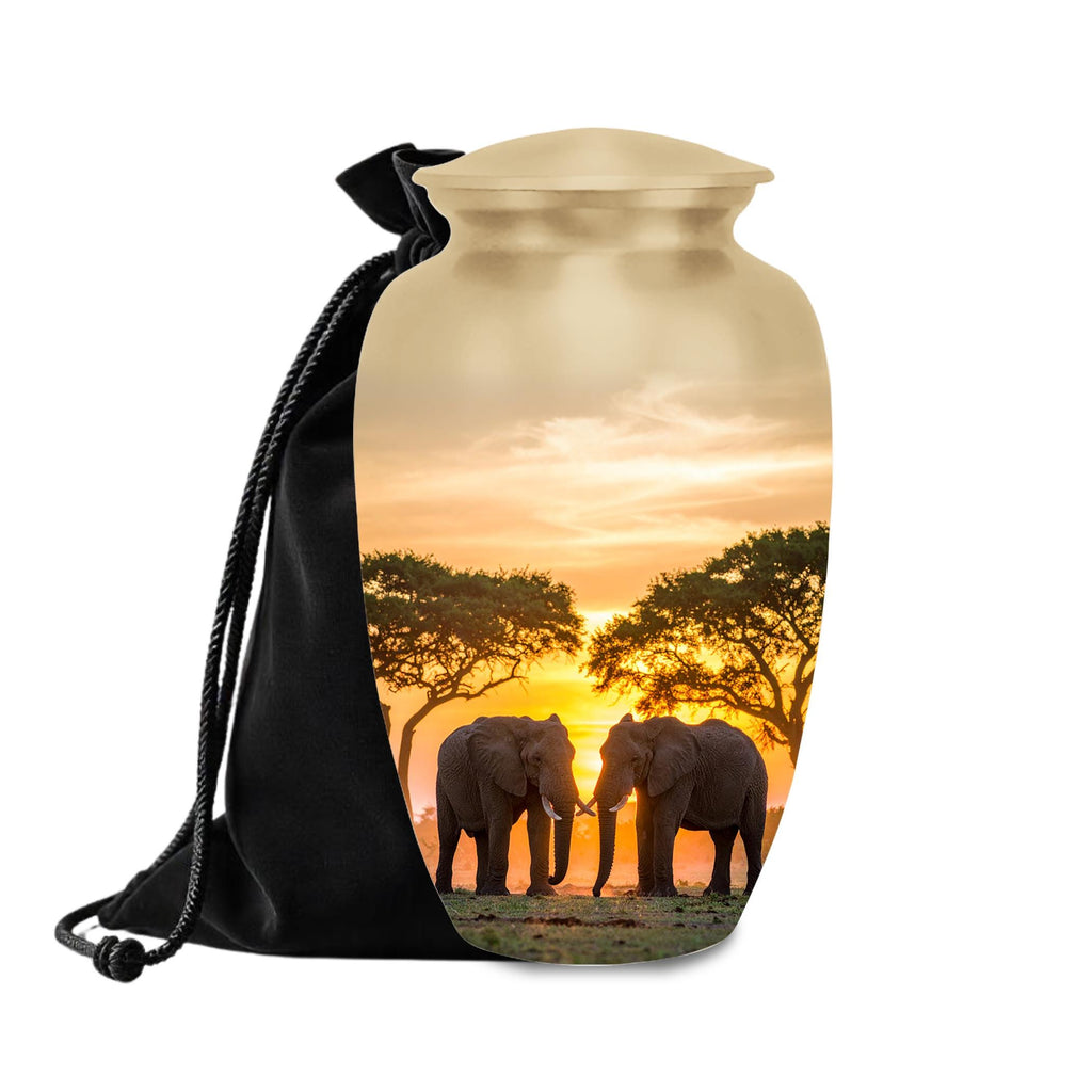elephant safari sunset cremation urn for human ashes, handmade aluminum memorial urn – photo 1
