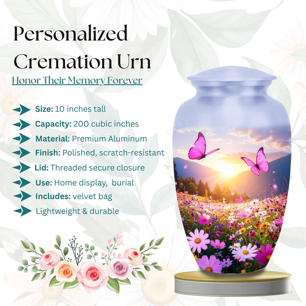 pink butterfly floral meadow cremation urn for human ashes, handmade aluminum memorial urn – photo 2