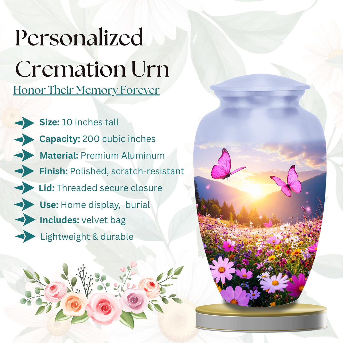 pink butterfly floral meadow cremation urn for human ashes, handmade aluminum memorial urn – photo 2
