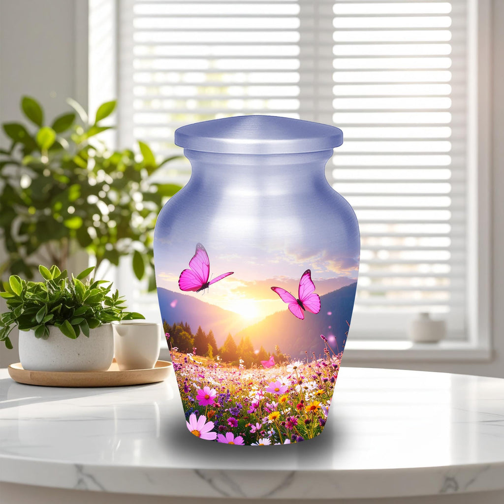 pink butterfly floral meadow cremation urn for human ashes, handmade aluminum memorial urn – photo 5