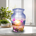 pink butterfly floral meadow cremation urn for human ashes, handmade aluminum memorial urn – photo 5