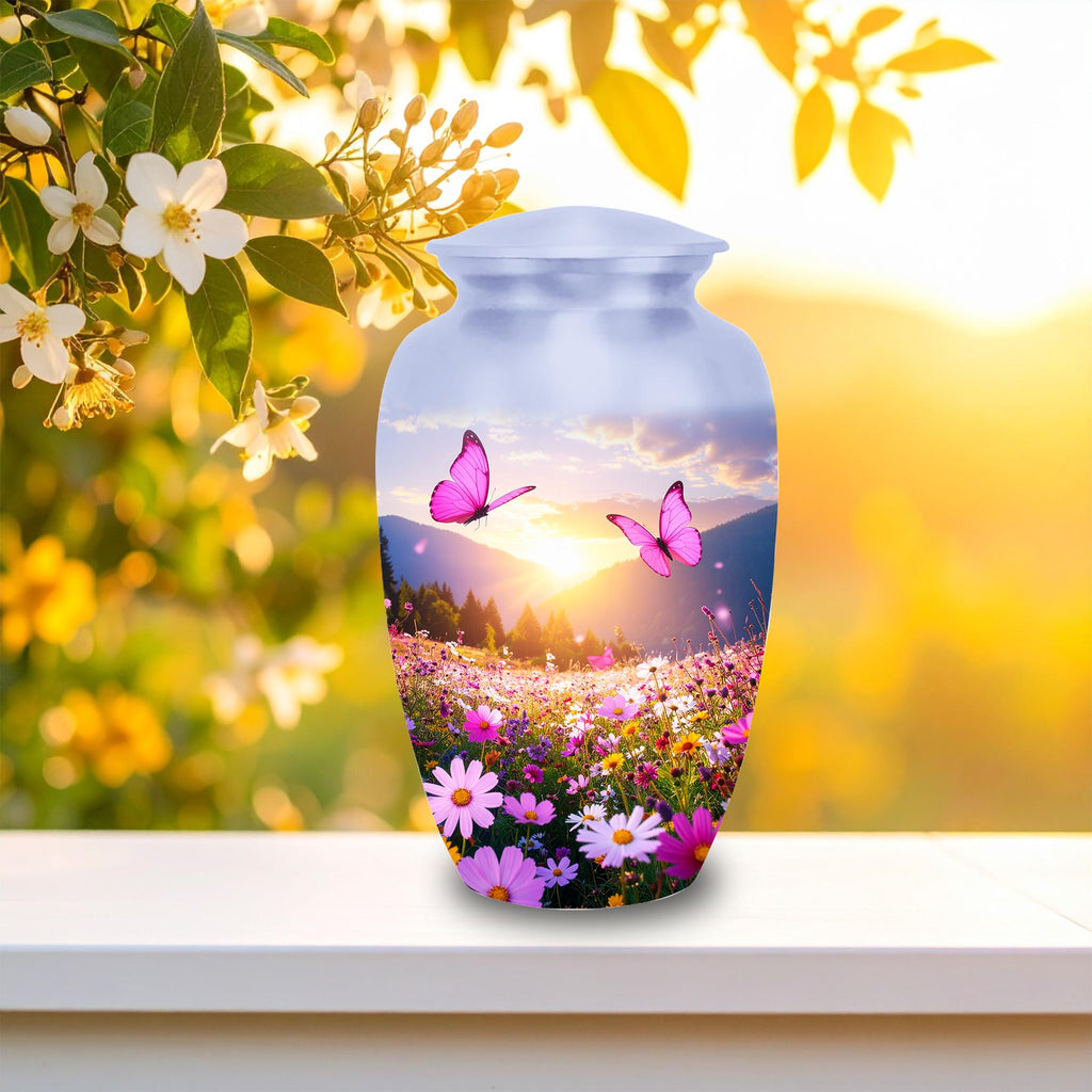 pink butterfly floral meadow cremation urn for human ashes, handmade aluminum memorial urn – photo 4