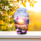 pink butterfly floral meadow cremation urn for human ashes, handmade aluminum memorial urn – photo 4