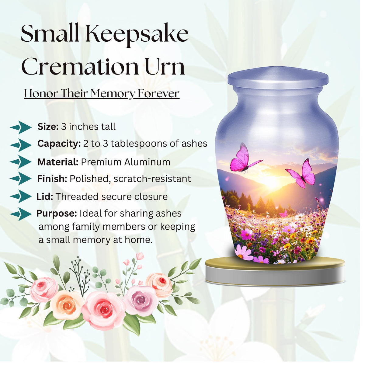 pink butterfly floral meadow cremation urn for human ashes, handmade aluminum memorial urn – photo 3