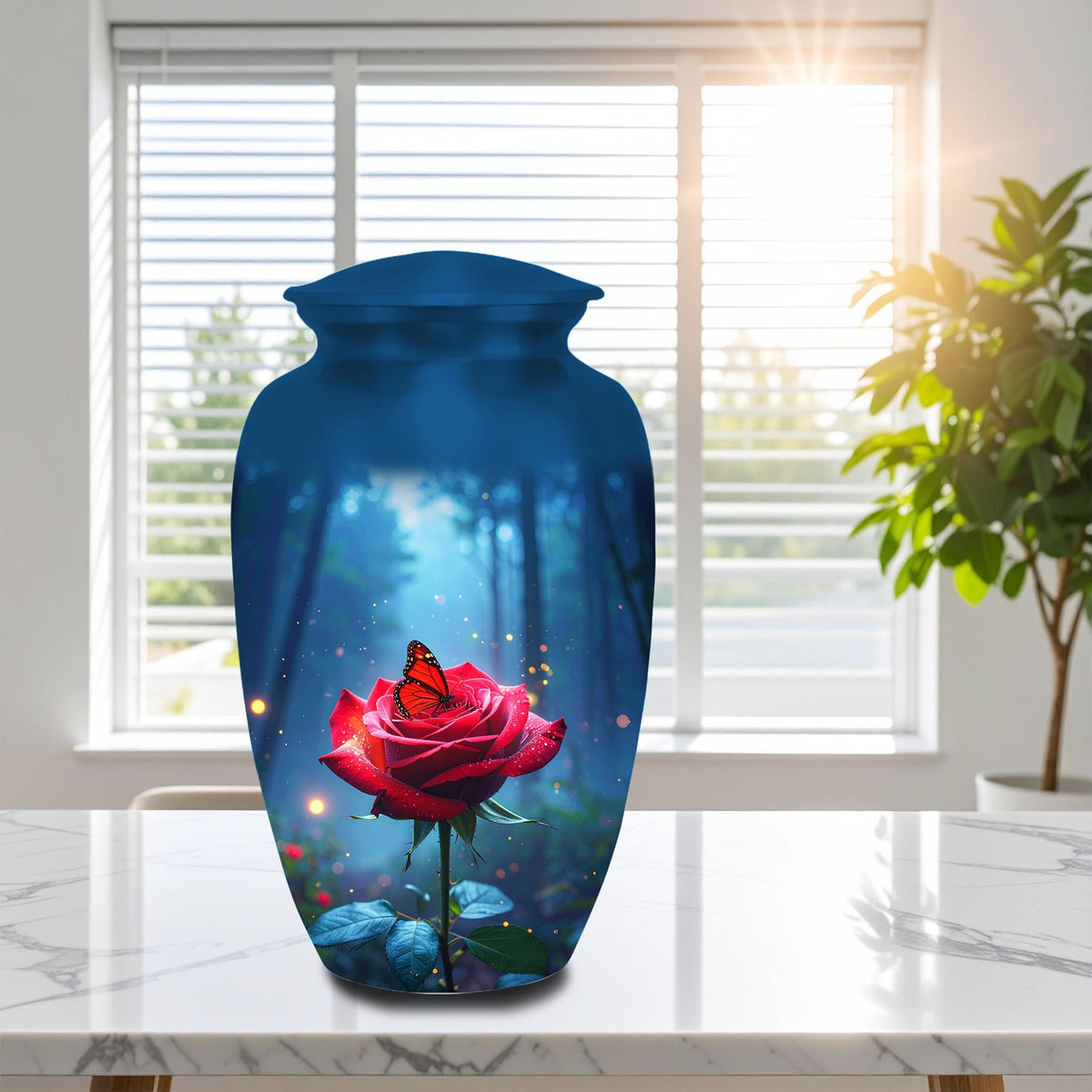 red rose butterfly cremation urn for human ashes, handmade aluminum memorial urn – photo 4