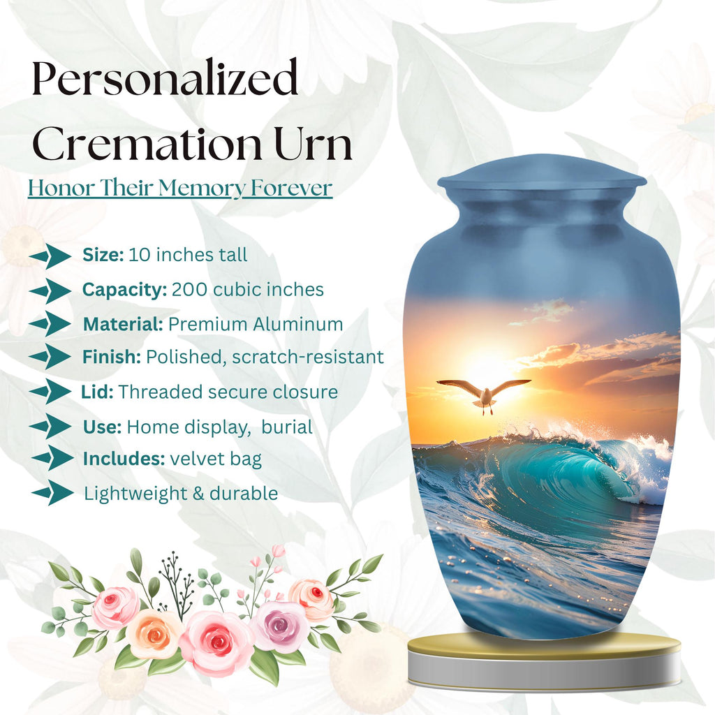 seagull ocean wave sunset cremation urn for human ashes, handmade aluminum memorial urn – photo 2