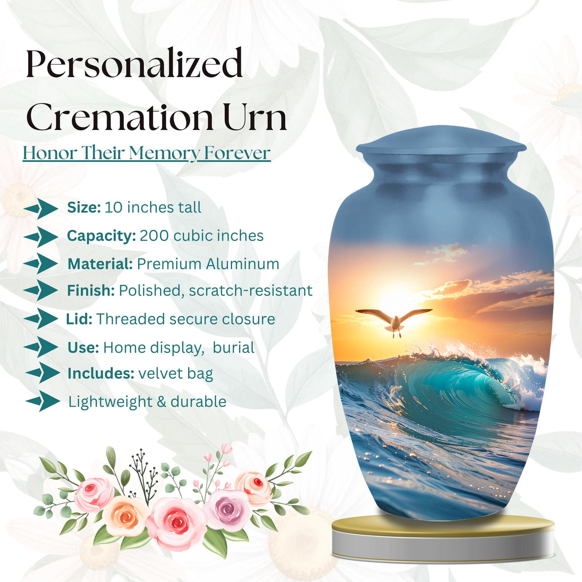seagull ocean wave sunset cremation urn for human ashes, handmade aluminum memorial urn – photo 2