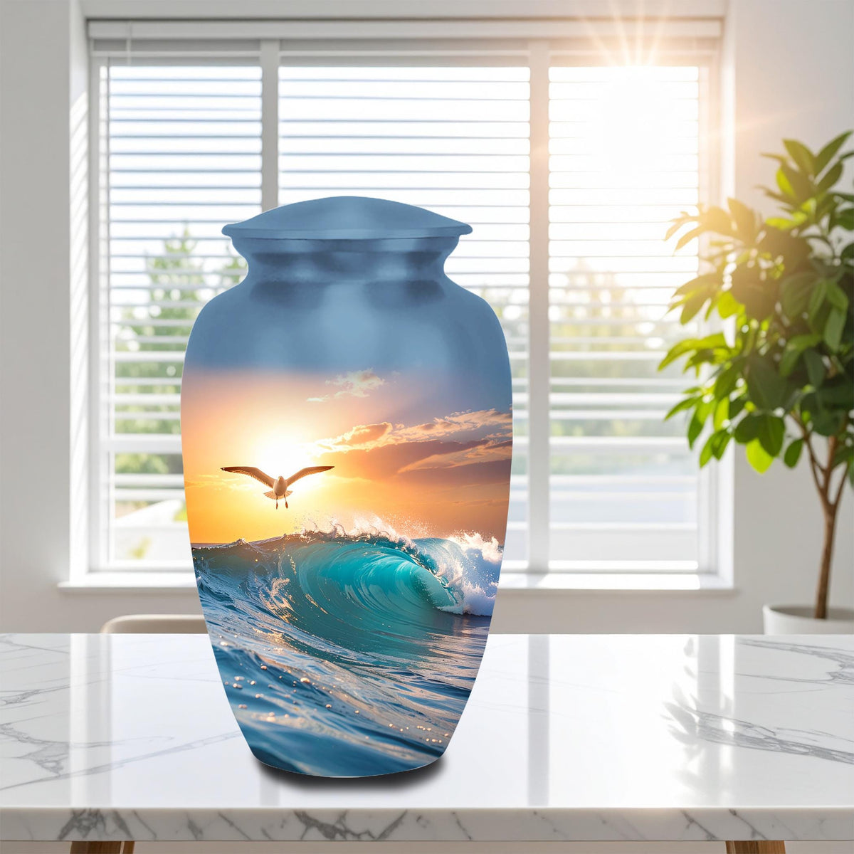 seagull ocean wave sunset cremation urn for human ashes, handmade aluminum memorial urn – photo 3