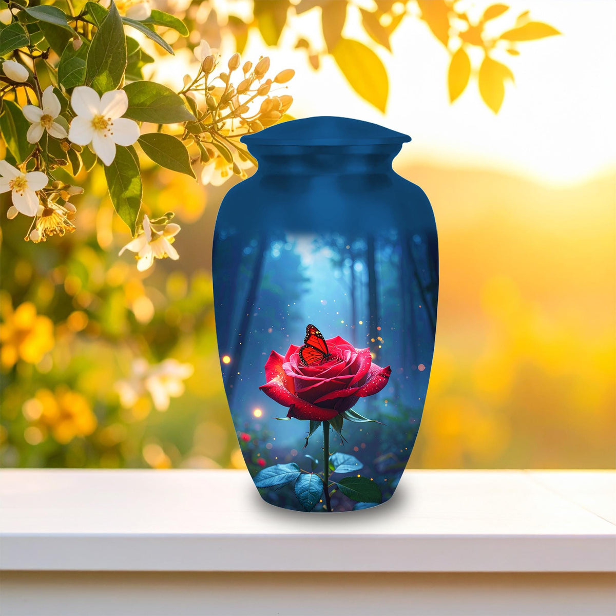 red rose butterfly cremation urn for human ashes, handmade aluminum memorial urn – photo 1