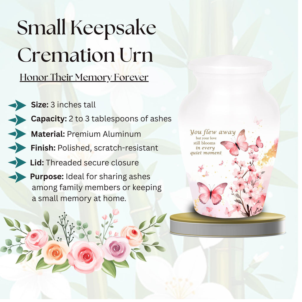 pink butterfly watercolor floral cremation urn for human ashes, handmade aluminum memorial urn – photo 7
