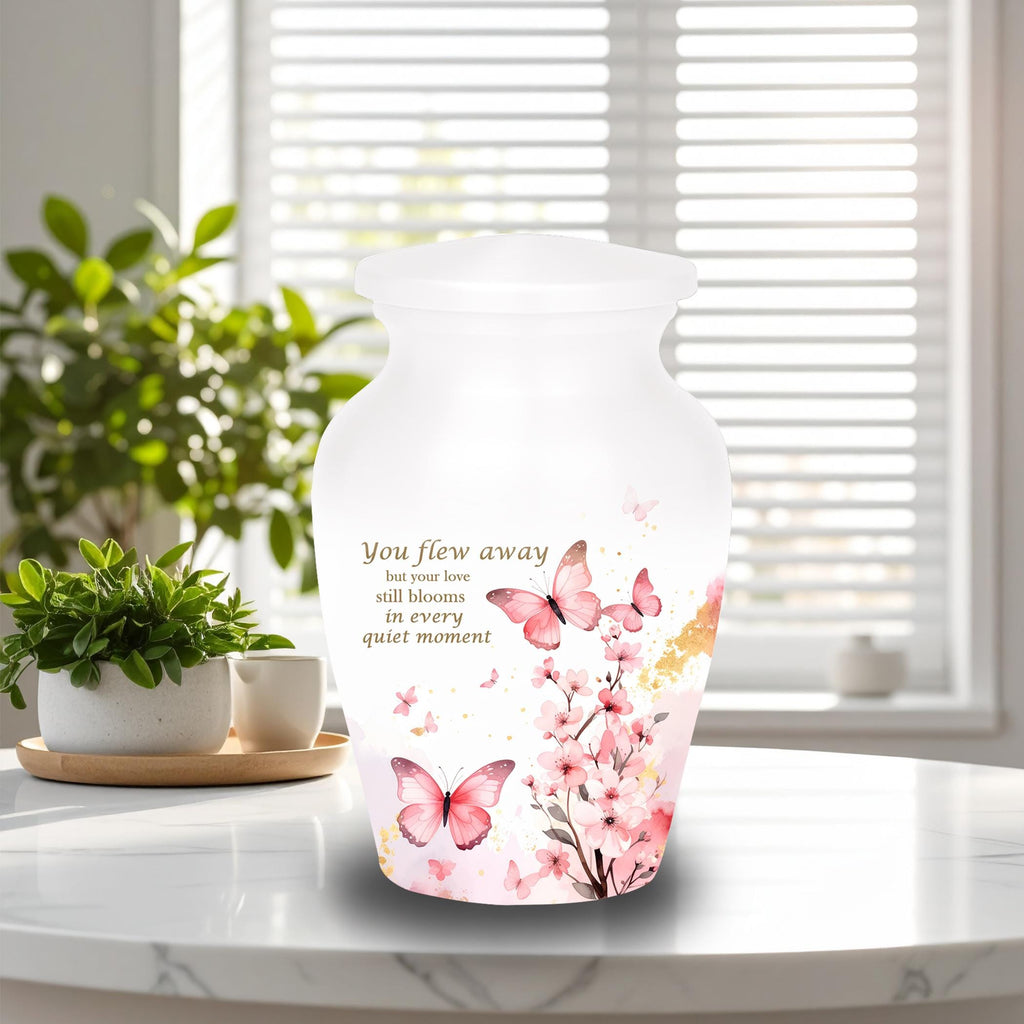 pink butterfly watercolor floral cremation urn for human ashes, handmade aluminum memorial urn – photo 4