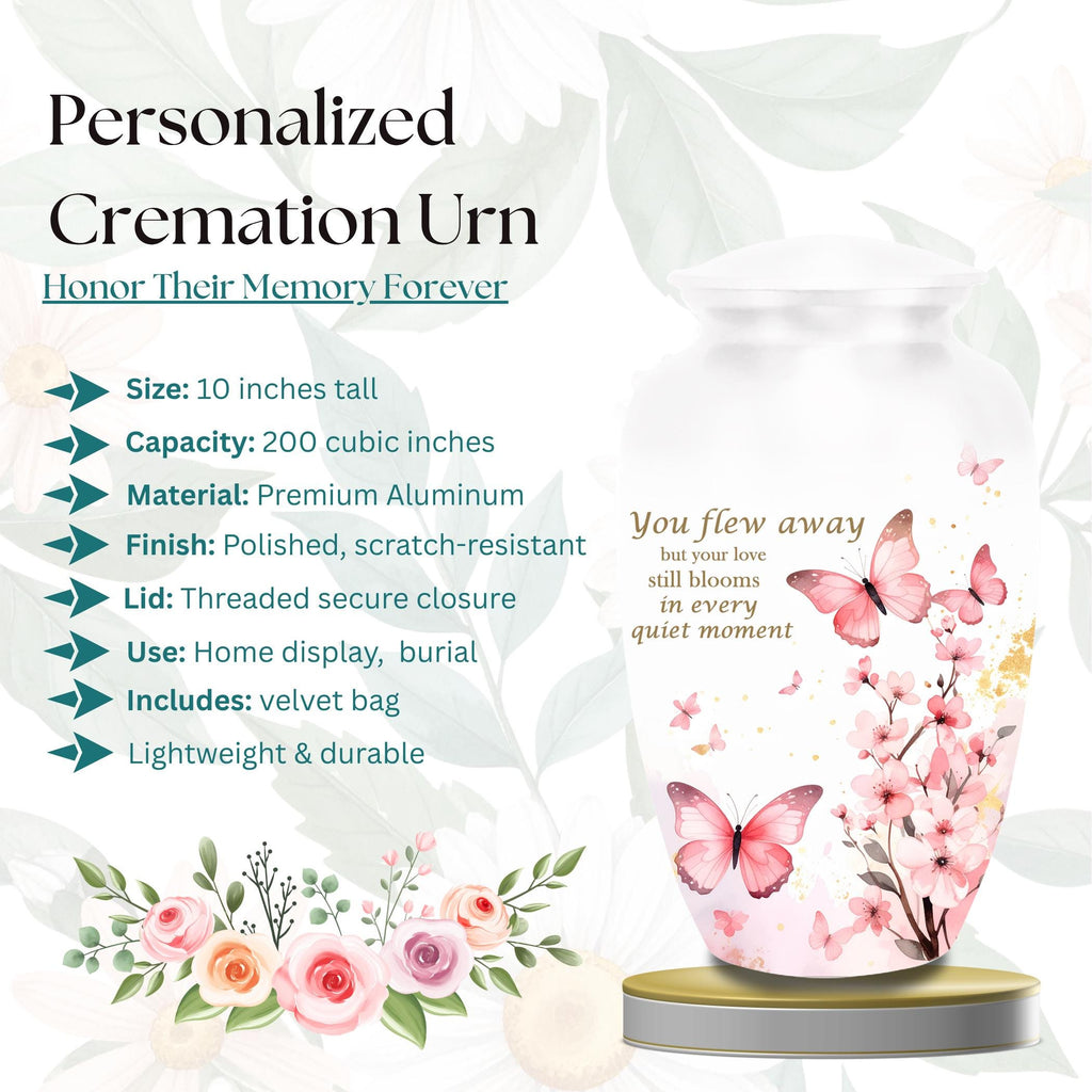 pink butterfly watercolor floral cremation urn for human ashes, handmade aluminum memorial urn – photo 3