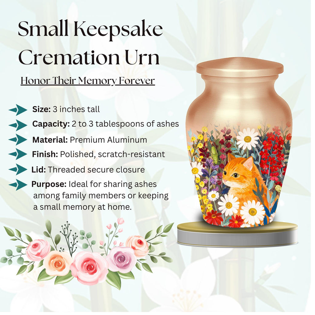 ginger tabby cat floral cremation urn for pet ashes, handmade aluminum memorial urn – photo 6