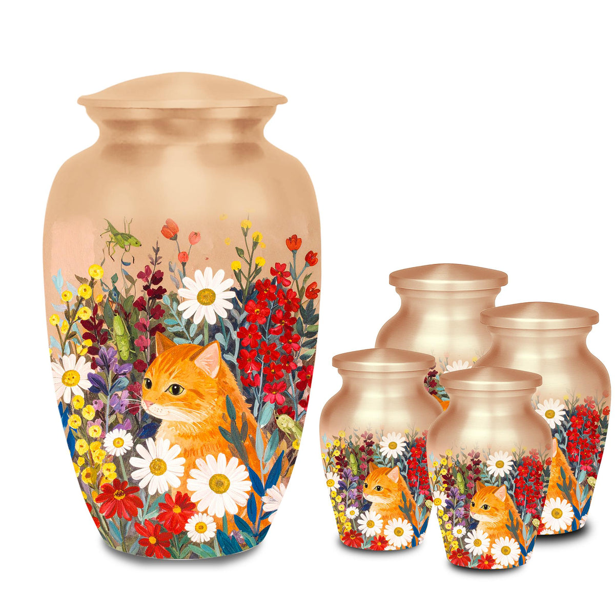 ginger tabby cat floral cremation urn for pet ashes, handmade aluminum memorial urn – photo 9