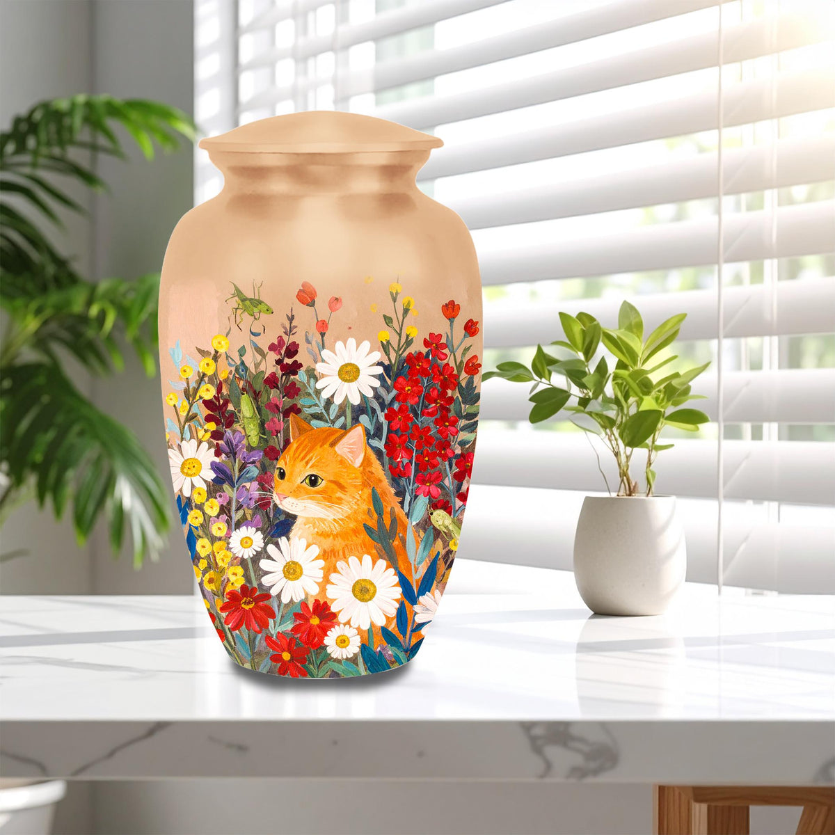 ginger tabby cat floral cremation urn for pet ashes, handmade aluminum memorial urn – photo 10