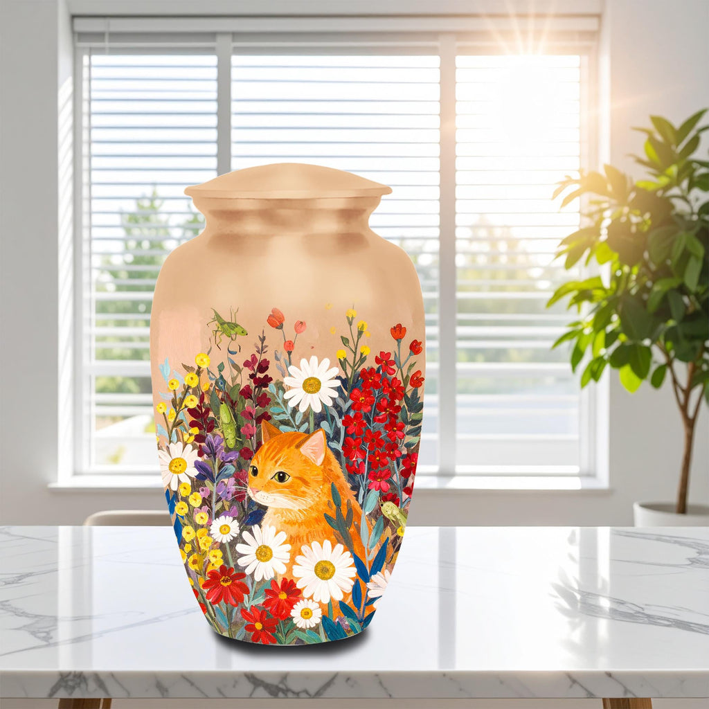 ginger tabby cat floral cremation urn for pet ashes, handmade aluminum memorial urn – photo 3