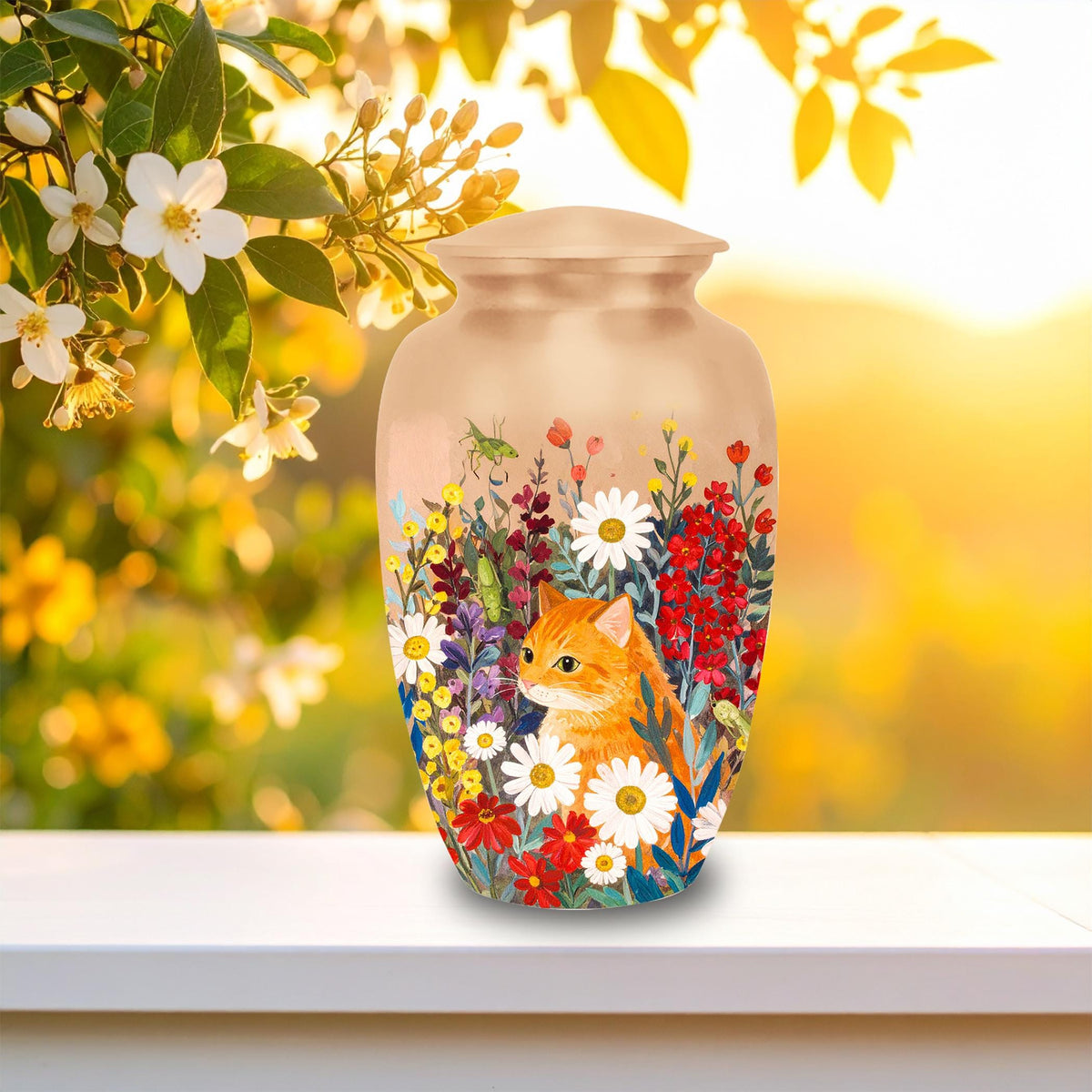 ginger tabby cat floral cremation urn for pet ashes, handmade aluminum memorial urn – photo 4
