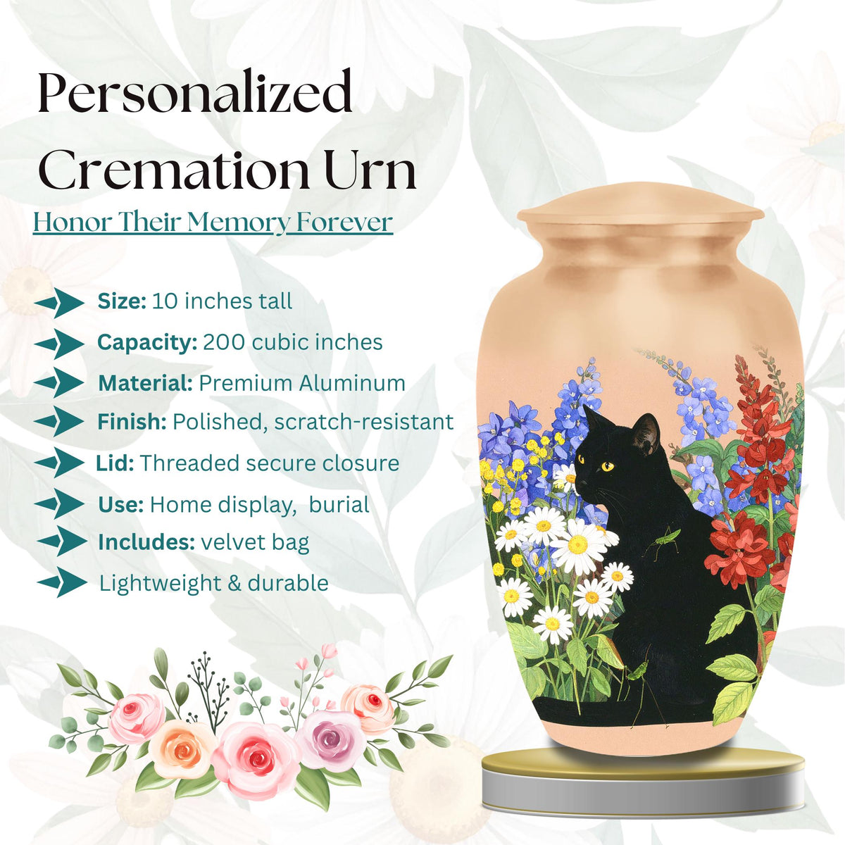 black cat wildflower garden cremation urn for pet ashes, handmade aluminum memorial urn – photo 3
