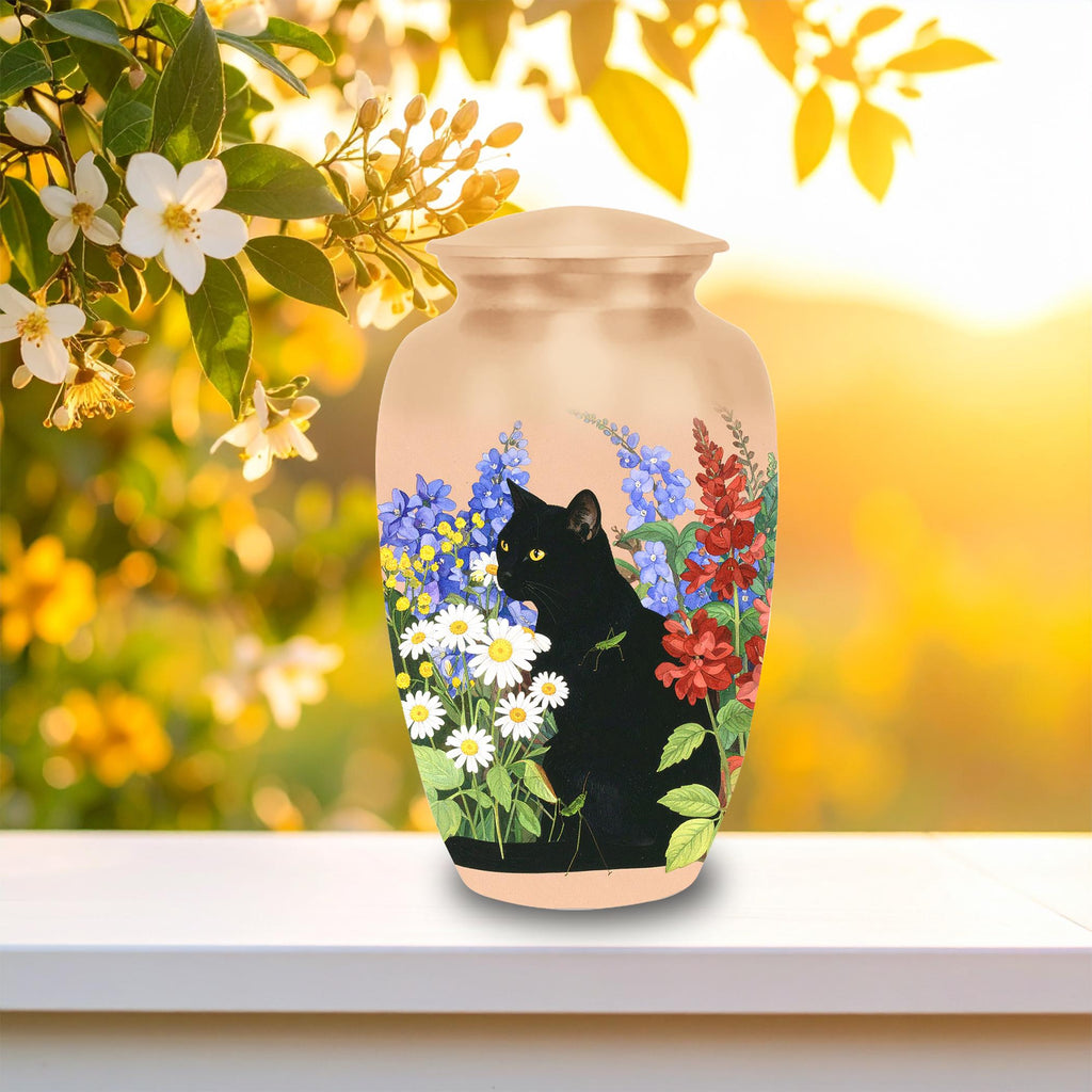 black cat wildflower garden cremation urn for pet ashes, handmade aluminum memorial urn – photo 5