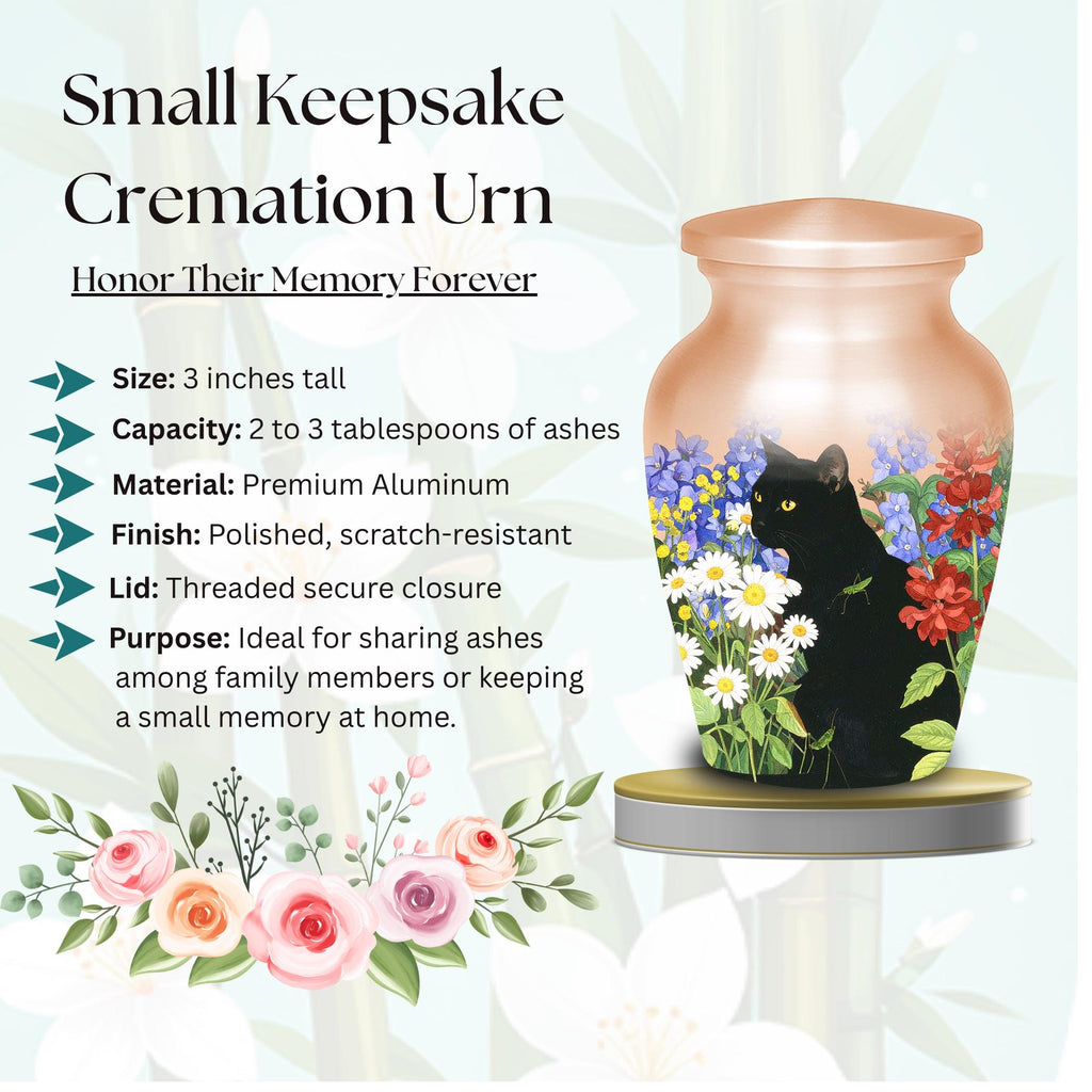 black cat wildflower garden cremation urn for pet ashes, handmade aluminum memorial urn – photo 8