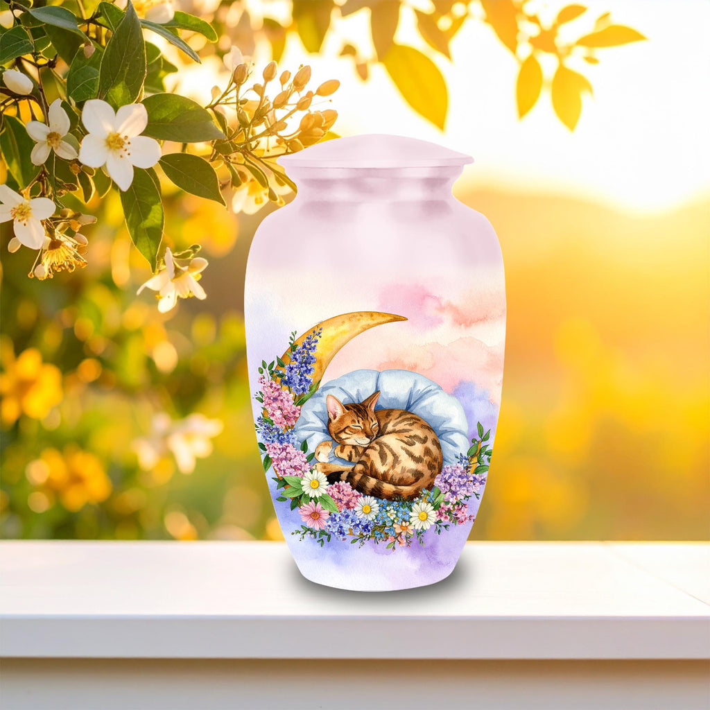 sleeping bengal cat floral moon cremation urn for pet ashes, handmade aluminum memorial urn – photo 3