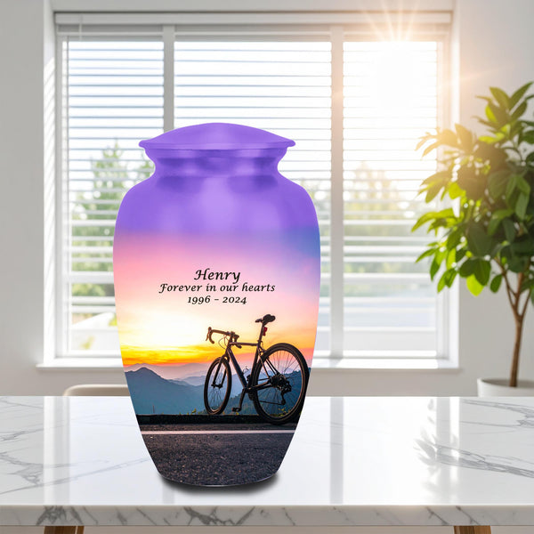 cycling sunset bike cremation urn for human ashes, handmade aluminum memorial urn – photo 1