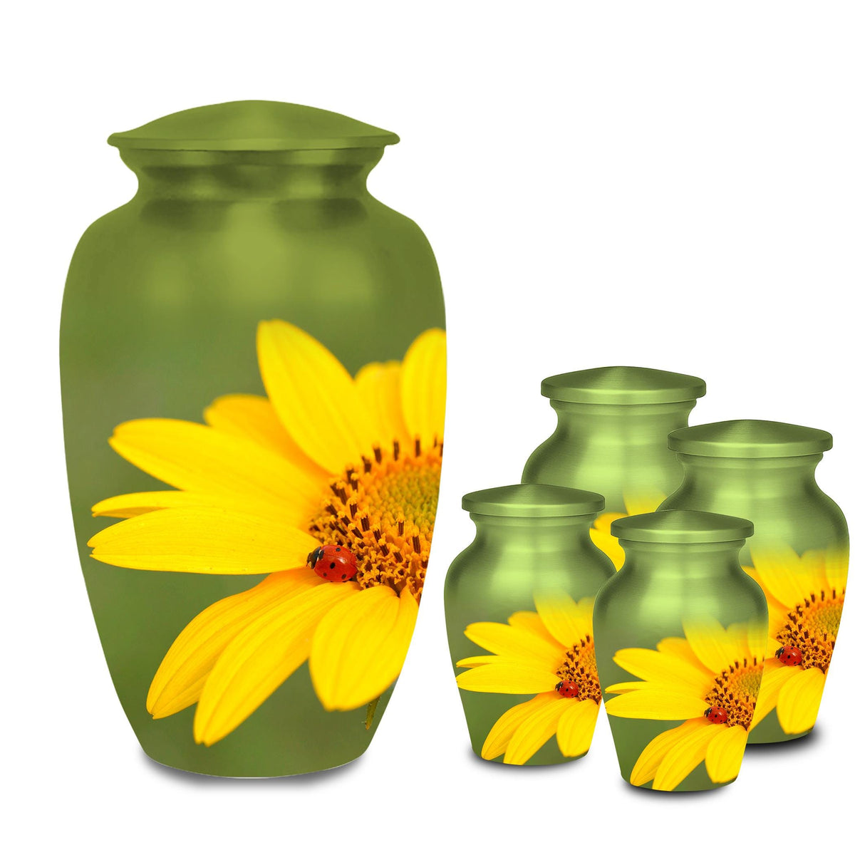 sunflower ladybug cremation urn for human ashes, handmade aluminum memorial urn – photo 9