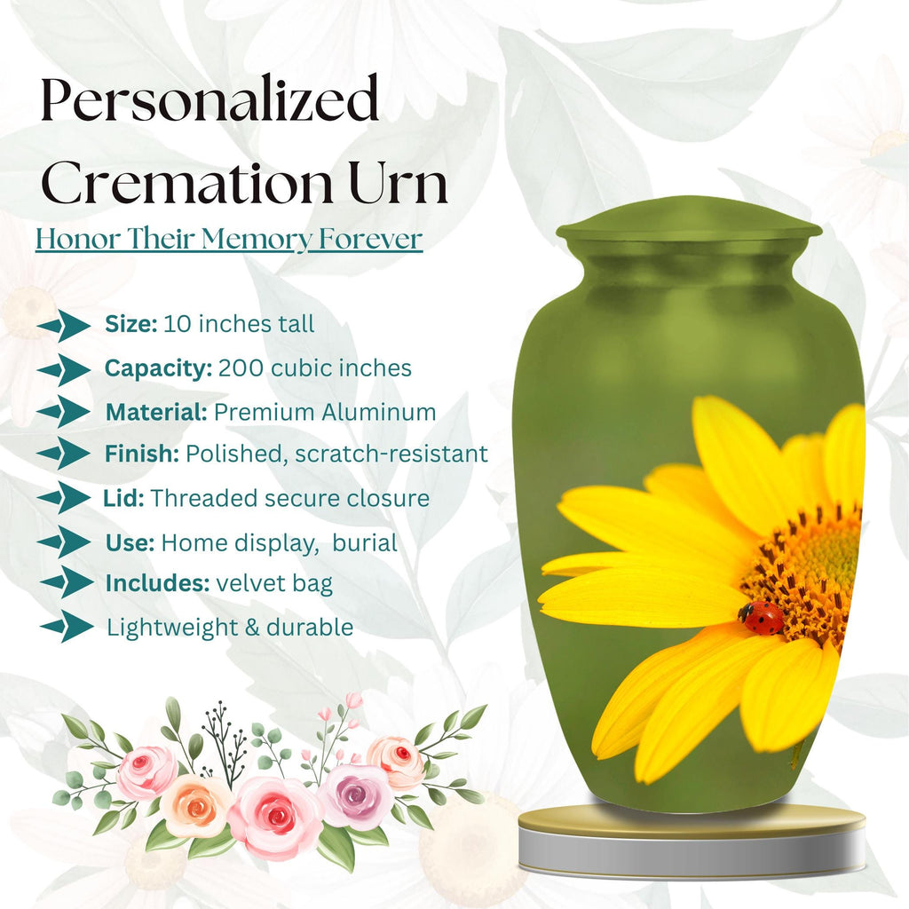 sunflower ladybug cremation urn for human ashes, handmade aluminum memorial urn – photo 2