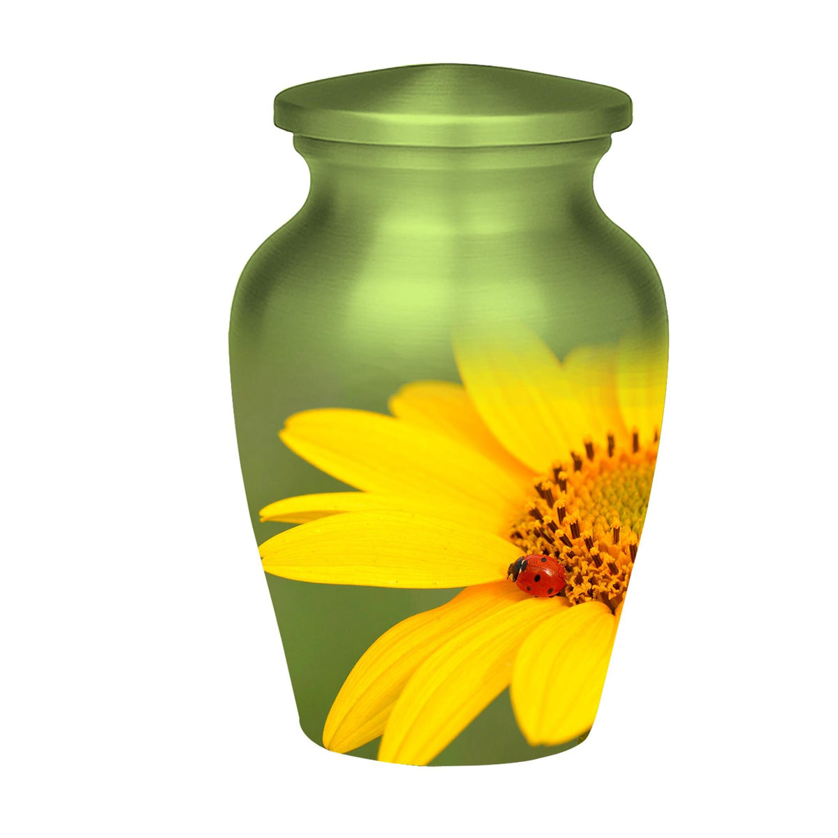 sunflower ladybug cremation urn for human ashes, handmade aluminum memorial urn – photo 5